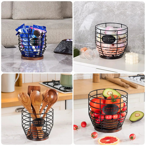 Large Capacity Black Wire Coffee Pod Holder With Wooden Base, Modern Basket Style with snacks and utensils on kitchen counter