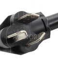 Heavy Duty 50 Foot 30 Amp Dryer Extension Cord NEMA 10 30 3-Prong close-up of electrical prongs.