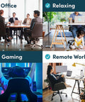 Collage showing office meeting, relaxing at home, gaming setup, and remote work setup with individuals using chairs.