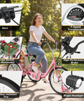 Powerful 500W Brushless Electric Trike For Adults With Smooth Acceleration, Peak 500W And Sustained 350W Motor, Top Speed 15.5 MPH, Sweet For City Cruising, Light Trails, Easy Hills, Comfortable Daily Commute. Pink adult trike with basket, horn, 7-speed shifter and headlight