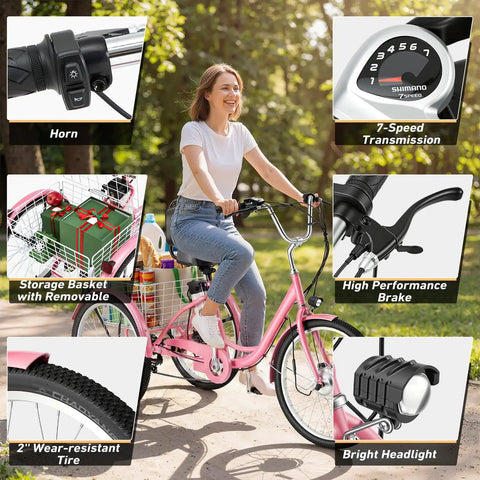 Powerful 500W Brushless Electric Trike For Adults With Smooth Acceleration, Peak 500W And Sustained 350W Motor, Top Speed 15.5 MPH, Sweet For City Cruising, Light Trails, Easy Hills, Comfortable Daily Commute. Pink adult trike with basket, horn, 7-speed shifter and headlight