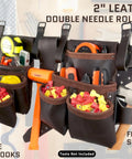 13 Pocket Framers Tool Belt Set With 4 Pc Leather Pouch Kit, 2 Inch Heavy Duty Belt And Hammer Holder, loaded with tools