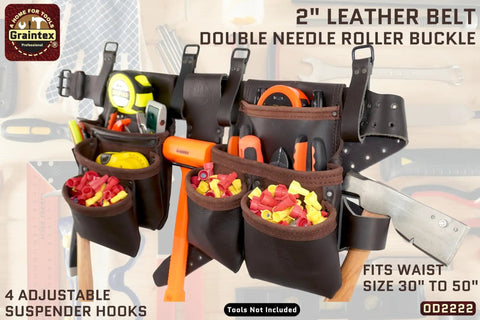 13 Pocket Framers Tool Belt Set With 4 Pc Leather Pouch Kit, 2 Inch Heavy Duty Belt And Hammer Holder, loaded with tools
