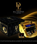 Lightning Fast Money Counter With Counterfeit Detector, UV MG IR MT, gold model beside branded box, large LCD screen visible