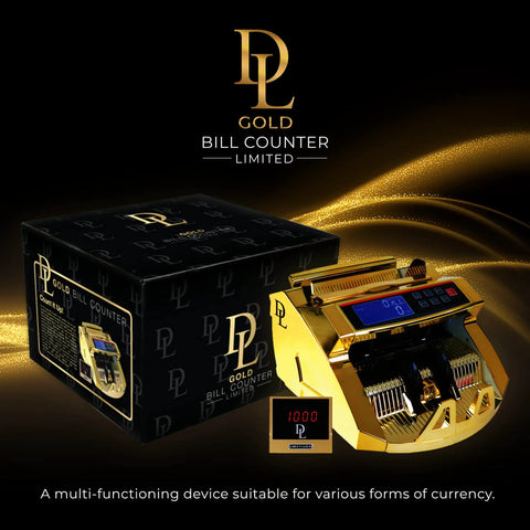 Lightning Fast Money Counter With Counterfeit Detector, UV MG IR MT, gold model beside branded box, large LCD screen visible