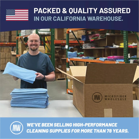 Worker with Pro Grade Microfiber Cleaning Cloths 12 Pack 12x12 Inches Lint Free And Streak Free in warehouse