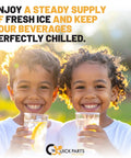 Two children smiling with glasses of chilled beverages; promotes quick parts delivery for fresh ice supply.