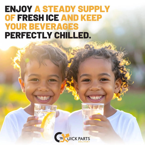 Two children smiling with glasses of chilled beverages; promotes quick parts delivery for fresh ice supply.