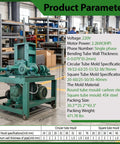 Heavy Duty Electric Pipe Tube Bender 3HP 220V Single Phase Rigged With 15 Round And 9 Square Die Sets For Crushing 2Mm Wall Tubing, showing technical specifications.