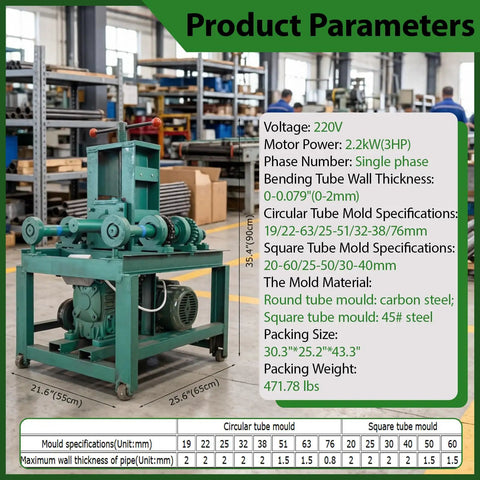 Heavy Duty Electric Pipe Tube Bender 3HP 220V Single Phase Rigged With 15 Round And 9 Square Die Sets For Crushing 2Mm Wall Tubing, showing technical specifications.