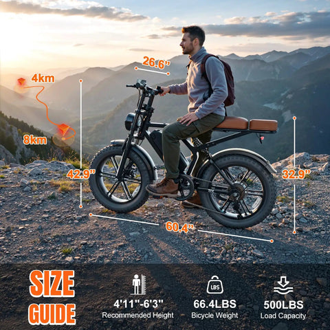 Man riding Powerful Electric Bike For Adults with 1500W Peak Motor and 20 inch fat tire in scenic mountain setting.