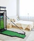 All In One Home Golf Simulator With Diya White Finish for indoor practice in bedroom setting, including putting and chipping area.
