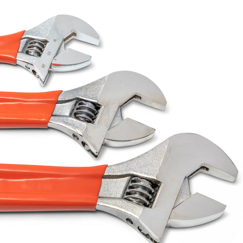 Three Piece Adjustable Cushion Grip Wrench Set With 6 Inch, 8 Inch And 10 Inch Jaw Wrenches, Wide Knurl, Laser Etched Scale