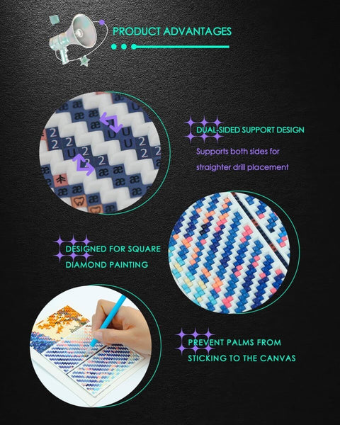Diagram showing 9 Piece Diamond Painting Zigzag Ruler Set For Beginners, highlighting dual-sided support and square design.
