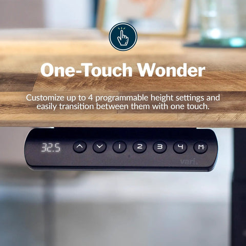 Heavy Duty Dual Motor Electric Standing Desk With Smooth Height Adjustment and Killer Ergonomic Wrist Relief Edge Built On A Solid Frame With Top Shelf Reclaimed Wood Top In Slate For Home Office, featuring programmable height control.
