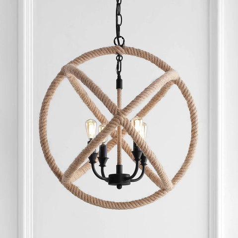 20 Inch Black And Brown 4 Light Iron And Rope Globe Pendant Light With Adjustable Height Totally Coastal Farmhouse Chandelier