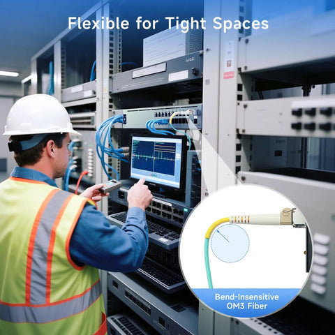 Heavy Duty Om3 Lc To Lc Plenum Fiber Optic Cable 16 Foot 5 Meter Duplex in a server rack with bend-insensitive fiber.