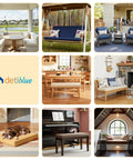 Collage of custom bench cushions with fabric color and size options for outdoor, porch, swing, and indoor use.