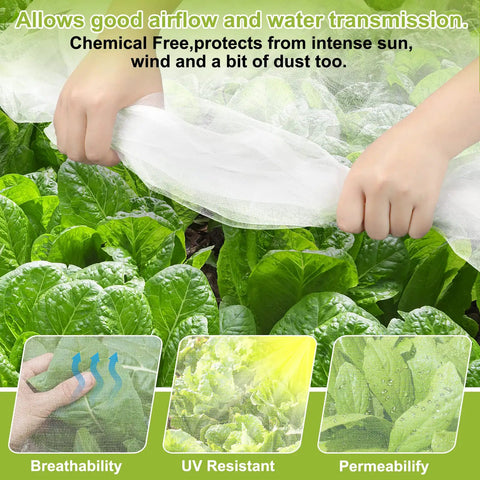 Hands placing Pro Grade Ultra Fine Garden Netting 2 Pack 10x33 Ft Mesh Pest Barrier over leafy vegetables in garden