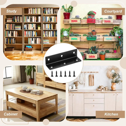 20 Pack Heavy Duty Metal L Brackets For Wood With Screws, Black 90 Degree Corner Braces in various home settings.