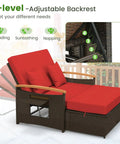 Patio Rattan Daybed With Four Level Adjustable Backrest And Handy Storage Ottoman Outdoor Wicker Loveseat With Acacia Wood Armrests, Red