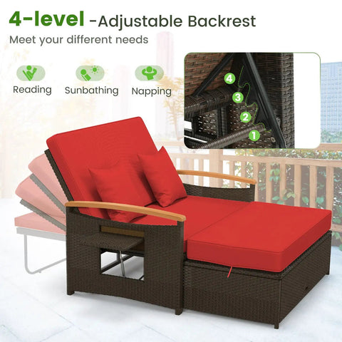 Patio Rattan Daybed With Four Level Adjustable Backrest And Handy Storage Ottoman Outdoor Wicker Loveseat With Acacia Wood Armrests, Red
