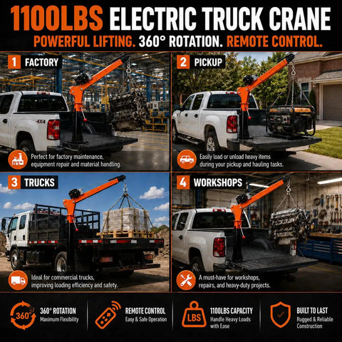 Foldable Electric Pickup Truck Crane With 3500 Pound Load Rating And Rock Solid Alloy Steel Build in factory and workshop settings.