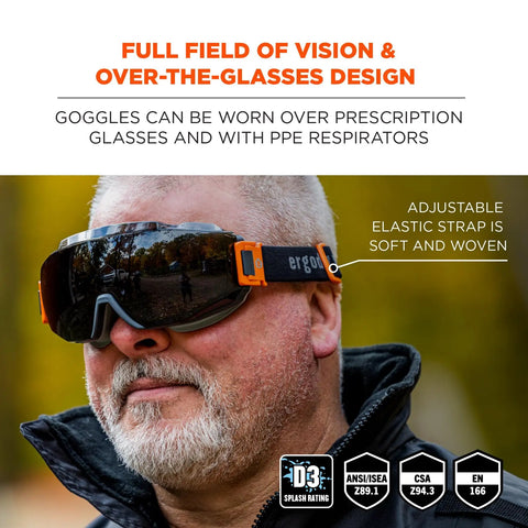 Man wearing OTG Protective Safety Goggles You Can Rock Over Your Glasses, Anti Fog Tech, Indirect Venting, ANSI Z87.1 Compliant