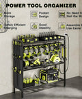 Power Tool Organizer Cart With Charging Station For 8 Drills Heavy Duty Standing Garage Storage Rack Utility Tool Shelf With Side Pockets Black Finish, showing neatly organized tools and chargers