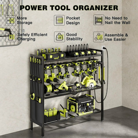 Power Tool Organizer Cart With Charging Station For 8 Drills Heavy Duty Standing Garage Storage Rack Utility Tool Shelf With Side Pockets Black Finish, showing neatly organized tools and chargers