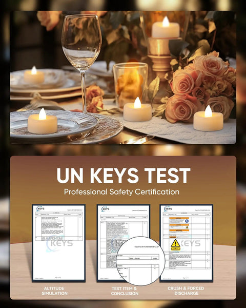 Flameless LED Tea Lights Set For Party And Home Battery Operated Flickering Votive Candles 12 24 50 100 150 Pack Warm Yellow Lit Glow Safe Waxless Candles For Halloween Christmas Wedding Decor on a dinner table with roses and safety certifications.