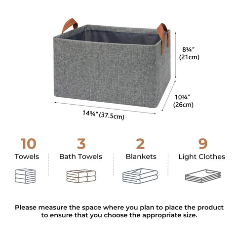 Closet Storage Bins 4 Pack Large Dark Gray Organizer with metal frame, 14x10 inches, shown with towels, blankets, light clothes capacity