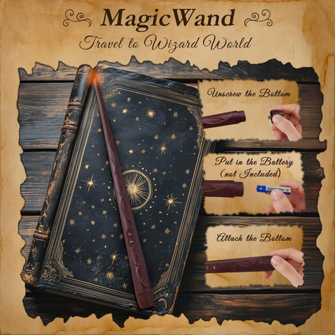 Decorative magic wand next to a wizarding book, demonstrates battery insertion steps with instructions on the right side.
