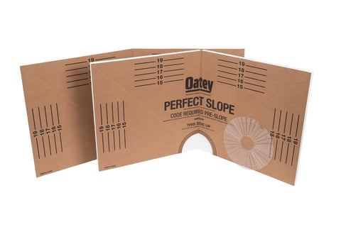 Perfect Slope Brown Shower Pan Slope Kit For Tile Showers Up To 40 By 40 Inches Expands Styrene And Fiber Board Delivers Quarter Inch Slope Weep Guard Cuts Mortar Time In Half No Mess Fast Easy Install in open folded view showcasing measurements and weep guard cutout.