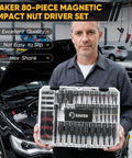 Man holding 80 Piece Magnetic Impact Nut Driver Set With SAE And Metric Bits, Socket Adapters, Bit Holder, Storage Box, in garage.
