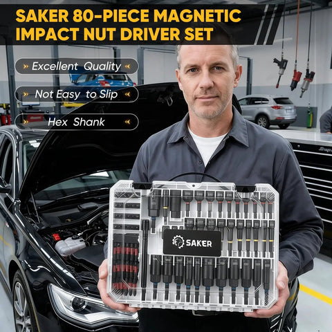 Man holding 80 Piece Magnetic Impact Nut Driver Set With SAE And Metric Bits, Socket Adapters, Bit Holder, Storage Box, in garage.