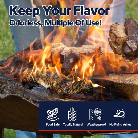 72 Pack Extra Long Fire Starters for Grill Fireplace Camping And Survival Kit With 12 Minute Burn Natural Pine Wood And Food Grade Wax Waterproof Odorless in use on outdoor grill with meat cooking