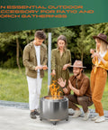 Group enjoying a bonfire with movable 21 inch fire pit on wheels stand, rust-proof aluminum and stainless steel rolling base outdoors