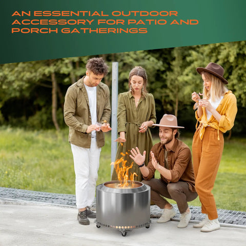 Group enjoying a bonfire with movable 21 inch fire pit on wheels stand, rust-proof aluminum and stainless steel rolling base outdoors