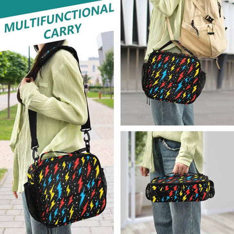 Colorful Lightning Bolt Insulated Lunch Bag For Kids And Adults With Shoulder Straps, Portable Cooler For School Office Travel And On The Go Meal Prep, front view