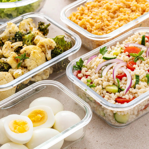 Glass Storage Containers With Lids Set For Meal Prep, 24 Piece Borosilicate Glass Food Storage, Leak Proof And Freezer Safe, 12 Containers And 12 Lids, Durable Clear Lunch Pack filled with various foods
