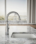 Bellera Bar Sink Faucet with High Arc Swing Spout and 360-Degree Rotation featured on marble countertop