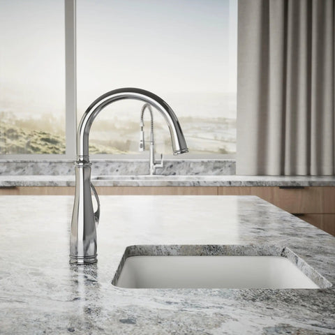 Bellera Bar Sink Faucet with High Arc Swing Spout and 360-Degree Rotation featured on marble countertop