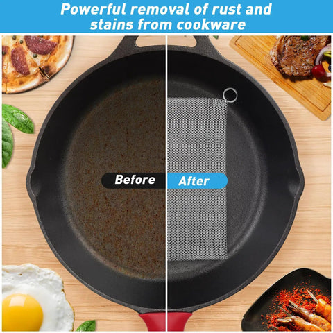 Before and after using Cast Iron Cleaner And Chainmail Skillet Scrubber, 14x14 Inch Flexible Stainless Steel Chainmail Panel