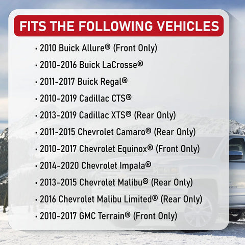 Compatibility list for Front Or Rear Wheel Hub Bearing Assembly on Buick, Cadillac, Chevrolet, GMC models, fits Lacrosse, CTS, Equinox, Impala, Malibu, Terrain.