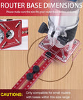 Router base dimensions with red adjustable guide for No Sweat 4 In 1 Router Jig And Precision Edge Guide For Woodworking.