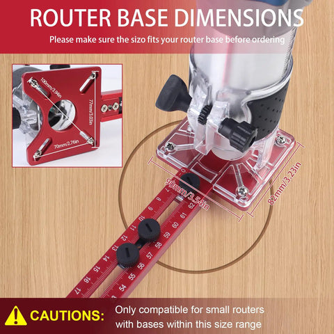 Router base dimensions with red adjustable guide for No Sweat 4 In 1 Router Jig And Precision Edge Guide For Woodworking.