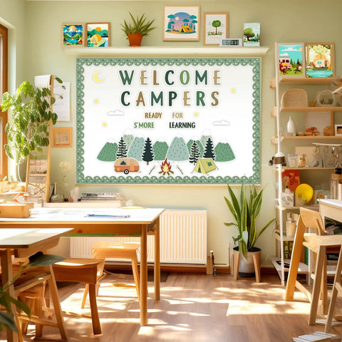 Classroom with Camping Bulletin Board Kit With Adventure Mountain Back to School Decor Includes Tent and Campfire Cutouts