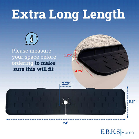 Extra Long 24 Inch Silicone Kitchen Sink Splash Guard That Keeps Counters Clean And Dry With Built In Backsplash Protection Behind Faucet For A Mess Free Spill Proof Kitchen, dimensions shown