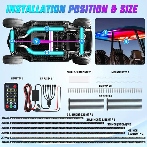 Installation guide for 6 Piece Underbody LED Light Kit For Golf Carts With Canopy Lights, showing parts and positioning on cart.